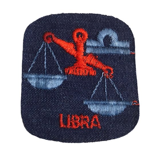 Vintage Rumper Stitcher Libra Embroidered Sew Iron On Patch Astrology Denim Red - Picture 1 of 4